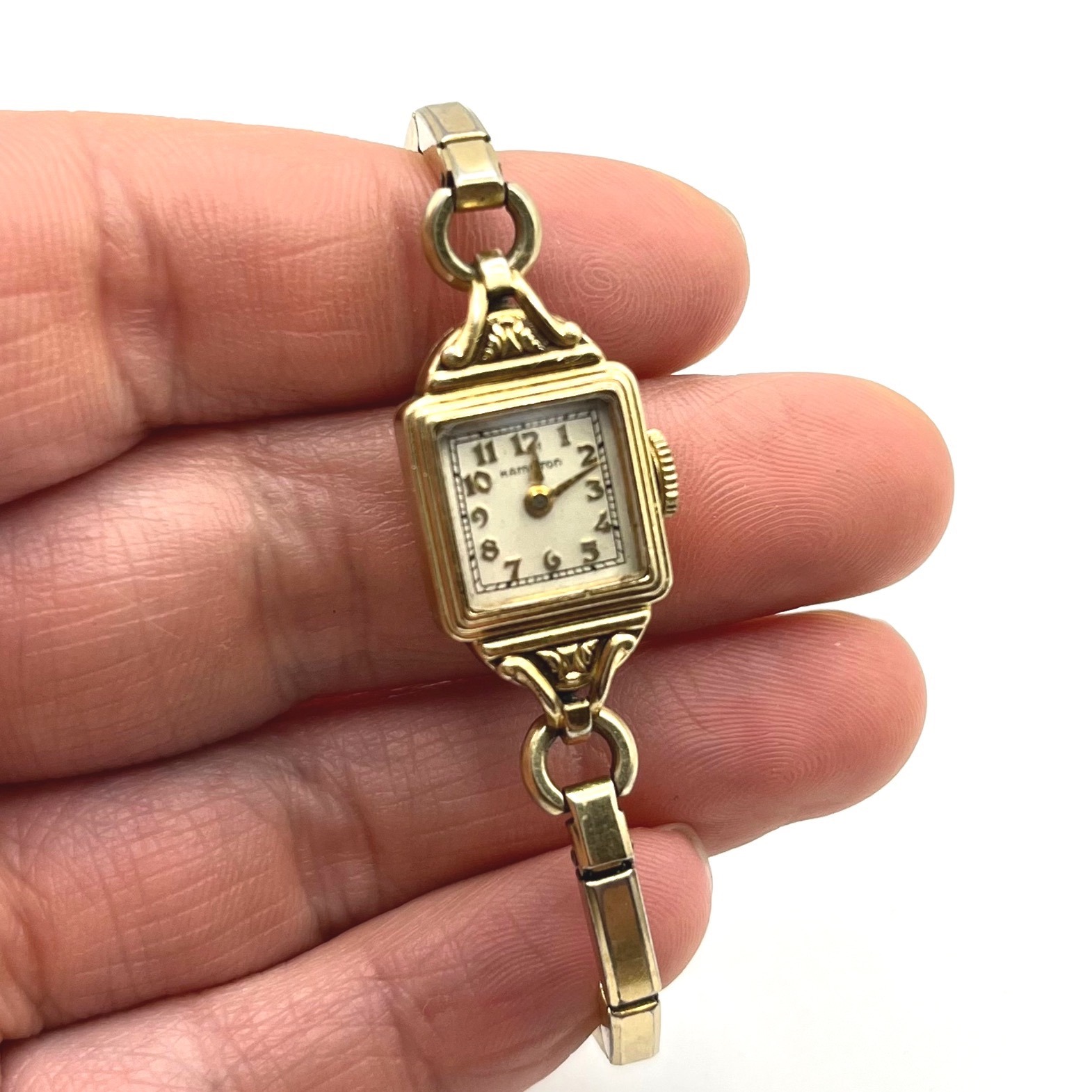 Vintage Hamilton Ladies Watch 14k Gold Filled Square Dial Speidel Band 20.8mm